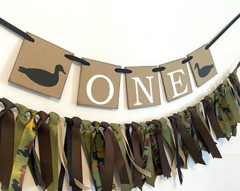 One Lucky Duck First Birthday Decorations - 1st Year Photo Banner Boy - ONE High Chair Banner - Duck Hunting Theme 1st Birthday Backdrop