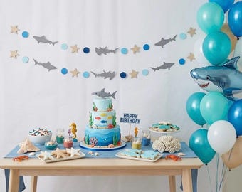 Sharks Garland: Gray Hammerhead Sharks, Blue Circles, Baby Shower Decor