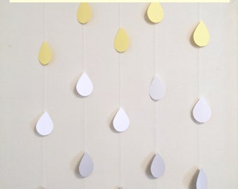 Saupoudrer de décorations pour bébé, garçon ou fille, guirlande de gouttes de pluie jaunes et grises, baby shower, sexe de bébé révélé, toile de fond de douche personnalisée goutte de pluie