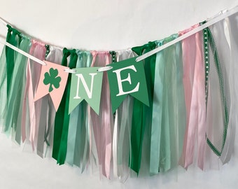 Pink St Patricks Day 1st Birthday Decorations , ONE Banner , High Chair Skirt, Lucky One Birthday High Chair Tutu, Irish Photo Backdrop