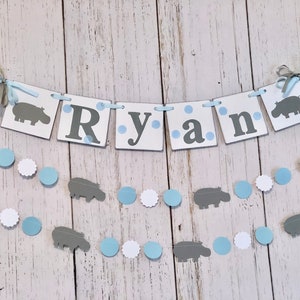 Hippo Baby Shower Decorations Girl , Hippo 1st Birthday Decorations , Blue and Gray Birthday Backdrop, Children’s Name Banner, Hippo Party