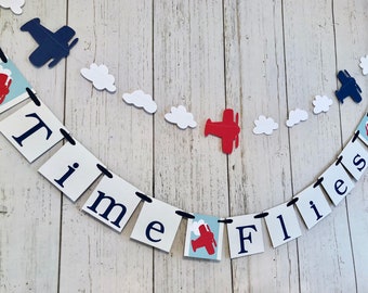 Time Flies Airplane 1st Birthday Banner: Navy & Red Baby Shower Decor