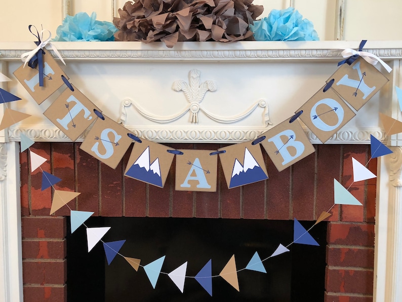 Adventure Awaits Baby Shower Decorations Adventure Baby Shower It's a Boy banner Woodland baby shower Mountain Baby Shower image 6