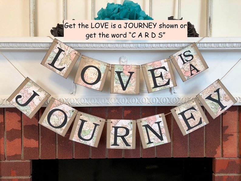 Love is a Journey Banner, Travel Wedding Decorations, Travel Bridal Shower Decor, Vintage Map Cards Sign, Wedding Decor, Adventure Wedding image 1