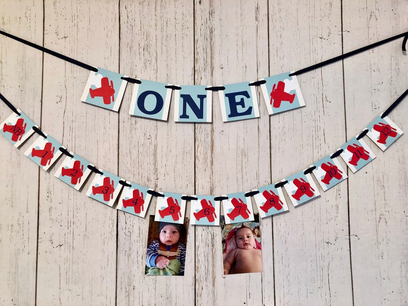 Time Flies Vintage Airplane 1st Birthday , I am 1 ONE High Chair Banner , Airplane 12 Month Photo Banner, Time Flies Decor, 1st Year Photos image 5