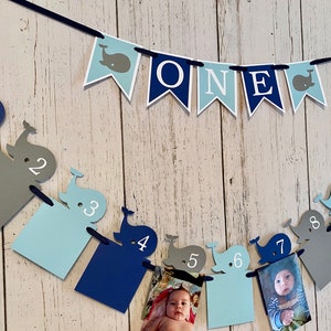Whale First Birthday Decorations - Blue and Gray Whale ONE High Chair Banner Whale 12 Month Photo Banner Girl or Boy- 1st Year Photo Banner