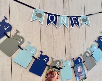 Whale First Birthday Decorations - Blue and Gray Whale ONE High Chair Banner Whale 12 Month Photo Banner Girl or Boy- 1st Year Photo Banner