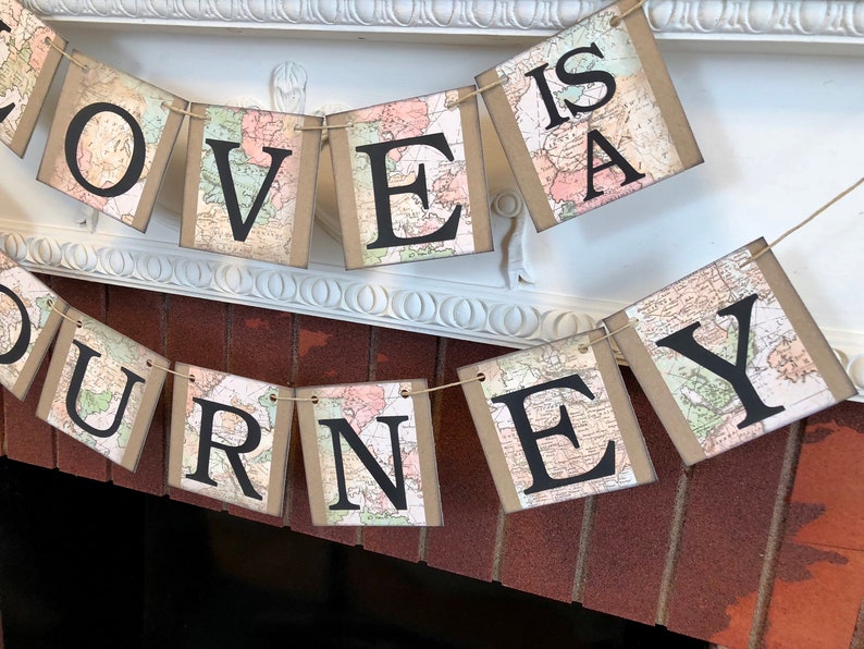 Love is a Journey Banner, Travel Wedding Decorations, Travel Bridal Shower Decor, Vintage Map Cards Sign, Wedding Decor, Adventure Wedding image 4