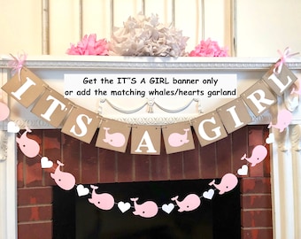 Pink Whale Baby Shower Decor - Its A Girl Banner - Whale Baby Shower Decorations Girl - Maternity Photo Prop - Baby Shower Banners