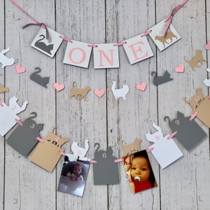 Kitty Cat First Birthday Girl - Meow 12 Month Photo Backdrop - Cat ONE High Chair Banner - One Cool Cat Garland - Pink and Gray 1st Birthday