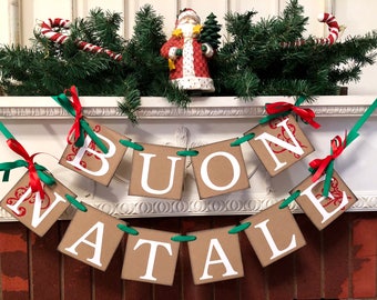 Buon Natale Banner- Red and Green Italian Christmas Banner  - Rustic Vintage Inspired Italian Christmas Decorations- Christmas Banner