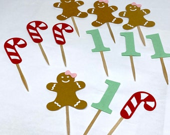 Gingerbread Cup Cake Toppers - Pink Sweet One 1st Birthday Cake toppers , Candy Cane Toppers, Winter Onederland 1st Birthday