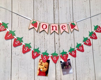 Berry First Birthday Banner: Strawberry High Chair Decor, 12 Month Photo Prop