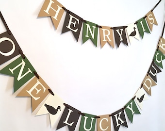 One Lucky Duck Banner - Custom Duck Hunting First Birthday Decor - 1st Year Photo Banner - Milestone 1st Birthday Backdrop - Mallard garland