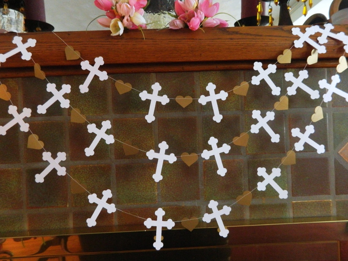 Christening Cross Garland Gold White Baptism Decorations Etsy