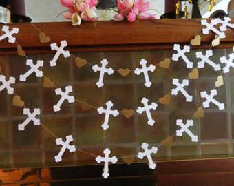 Christening Cross Garland - Gold White Baptism decorations - First Communion Garland - Baby Dedication Decor - Your Color choice