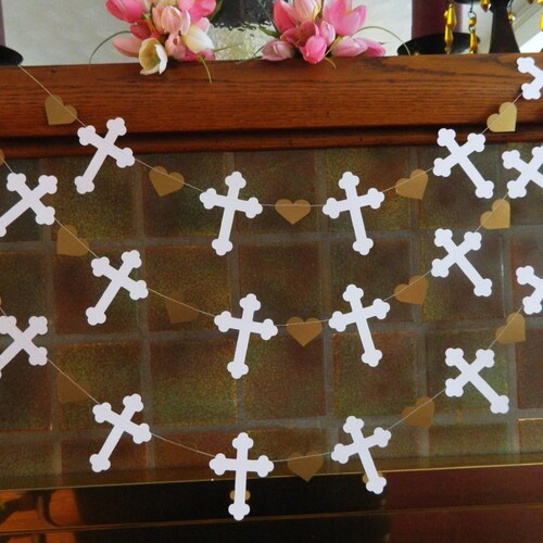 Christening Cross Garland Gold White Baptism Decorations Etsy