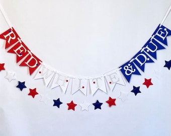 Red, White and Due 4th of July Gender Reveal Sign, Little Firecracker Baby Shower Decor, He or She Banner , Red, white and blue Star Garland