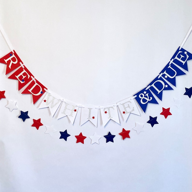 Red, White and Due 4th of July Gender Reveal Sign, Little Firecracker Baby Shower Decor, He or She Banner , Red, white and blue Star Garland image 1