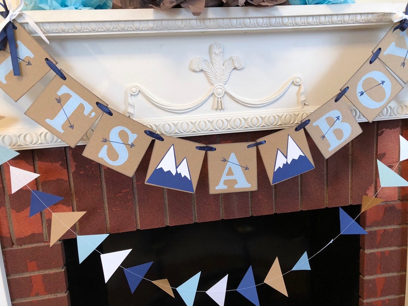 Adventure Awaits Baby Shower Decorations Adventure Baby Shower It's a Boy banner Woodland baby shower Mountain Baby Shower image 3