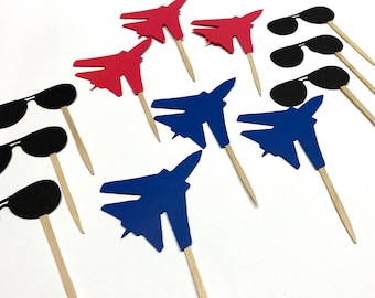 Top One Cupcake Toppers - TWO Fly Birthday Decorations - Time Flies 1st birthday - Baby Shower Cupcake decor - Fighter Jets food pics