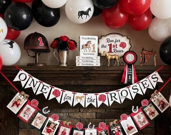 Derby 1st Birthday Banner: Roses & Horses, Western Theme 12 Months Photo Banner