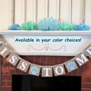 Beach Bridal Shower Decorations / Miss to Mrs Banner / Blue Sea Shells Bachelorette Party Decor / Sea Shells and Wedding Bells Decorations