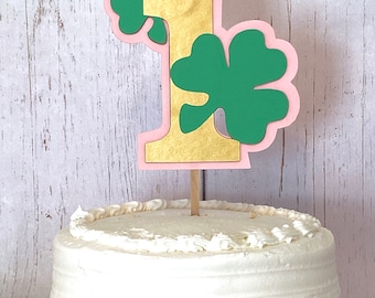 1 pc Lucky One Shamrock Clover St Patrick Theme Green Gold Glitter Cake Topper for first Birthday Baby girl boy cake smash 