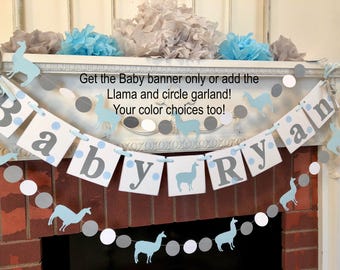 Lama Baby Shower Décorations Garçon - Bannière de nom de bébé personnalisée - Guirlande de lama bleu et gris - C’est un décor de douche de bébé garçon - Votre choix de couleur