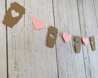 Coffee Cup Garland: Kraft & Pink Hearts, Bridal Shower Decor