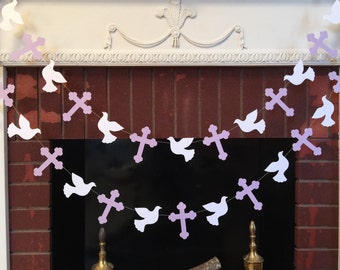 Christening Cross and DOVE Garland -  Baptism decorations - First Communion Garland - RELIGIOUS Baby Dedication Decor - Your Color choice