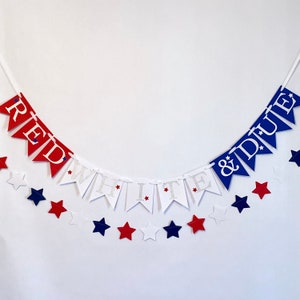 Red, White and Due 4th of July Gender Reveal Sign, Little Firecracker Baby Shower Decor, He or She Banner , Red, white and blue Star Garland image 6