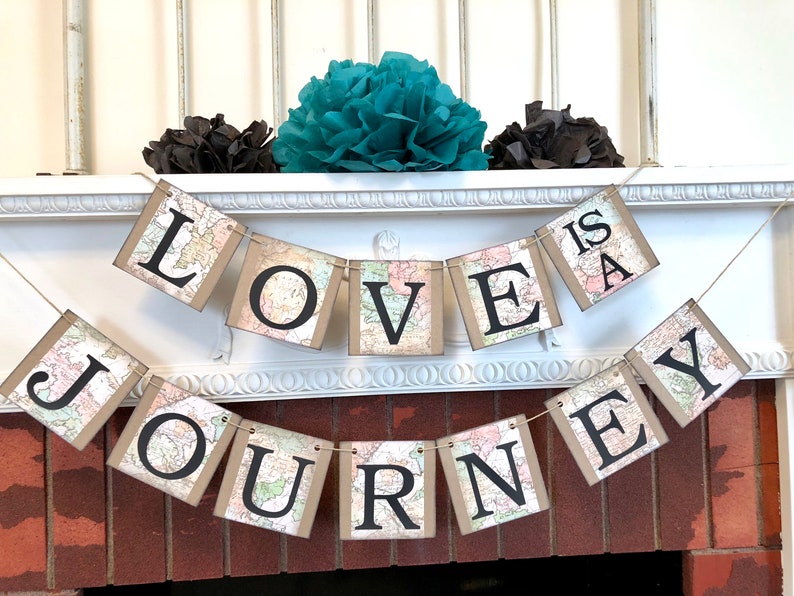 Love is a Journey Banner, Travel Wedding Decorations, Travel Bridal Shower Decor, Vintage Map Cards Sign, Wedding Decor, Adventure Wedding image 5