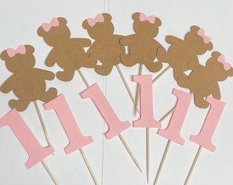 Pink Teddy Bear First Birthday Toppers - Teddy Bear Cupcake Toppers - Custom Birthday Decorations - Beary 1st Birthday Decor Boy Girl