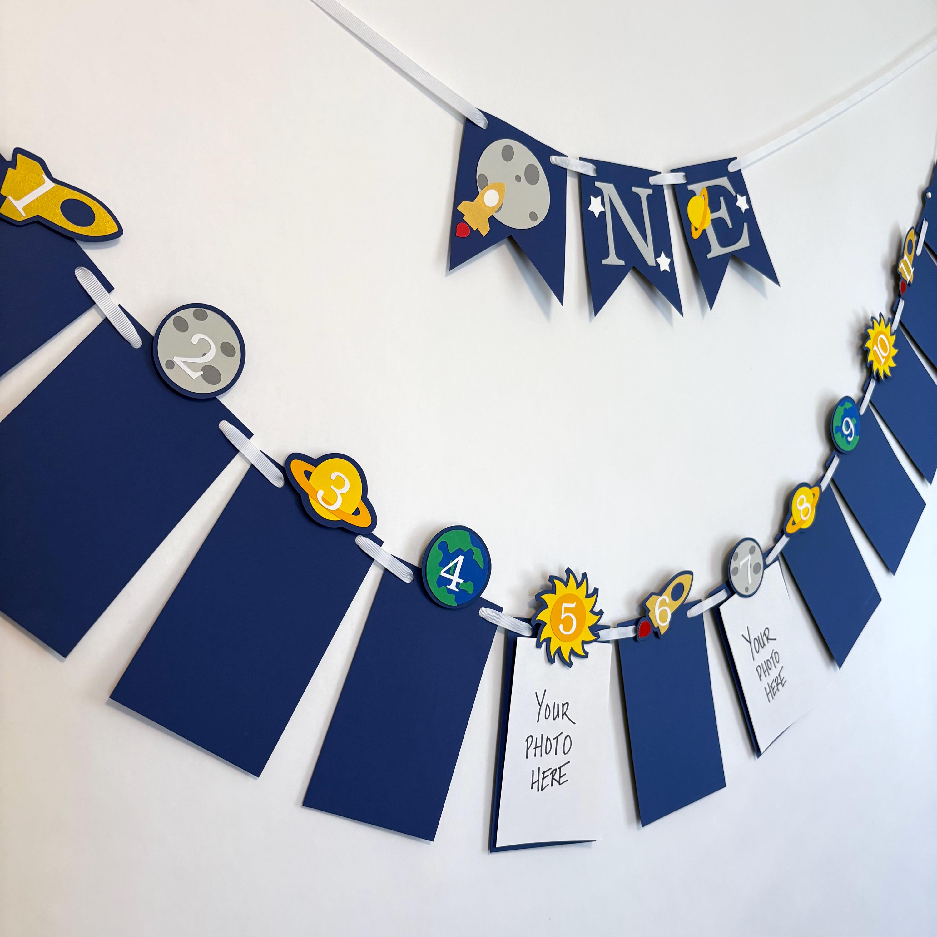 First Trip Around the Sun Birthday Party, Outer Space Boy 1st Year Photos Banner, High Chair ONE banner , Nb-12 and One photo Prop