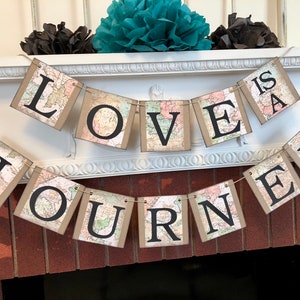 Love is a Journey Banner, Travel Wedding Decorations, Travel Bridal Shower Decor, Vintage Map Cards Sign, Wedding Decor, Adventure Wedding image 9