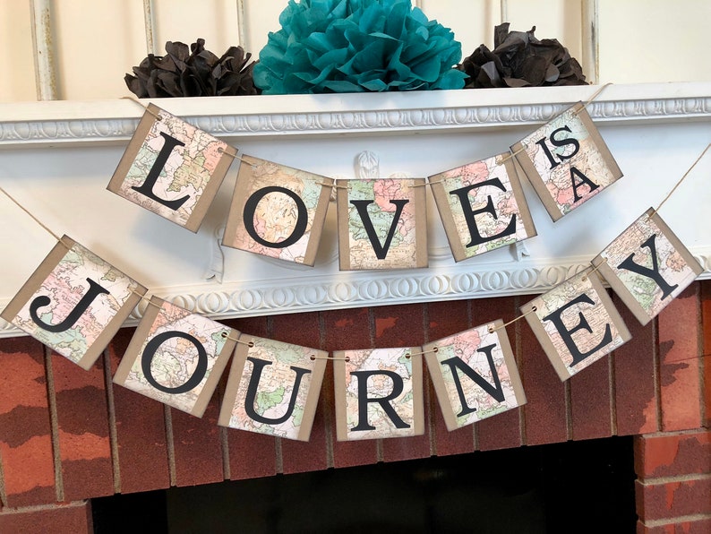 Love is a Journey Banner, Travel Wedding Decorations, Travel Bridal Shower Decor, Vintage Map Cards Sign, Wedding Decor, Adventure Wedding image 9