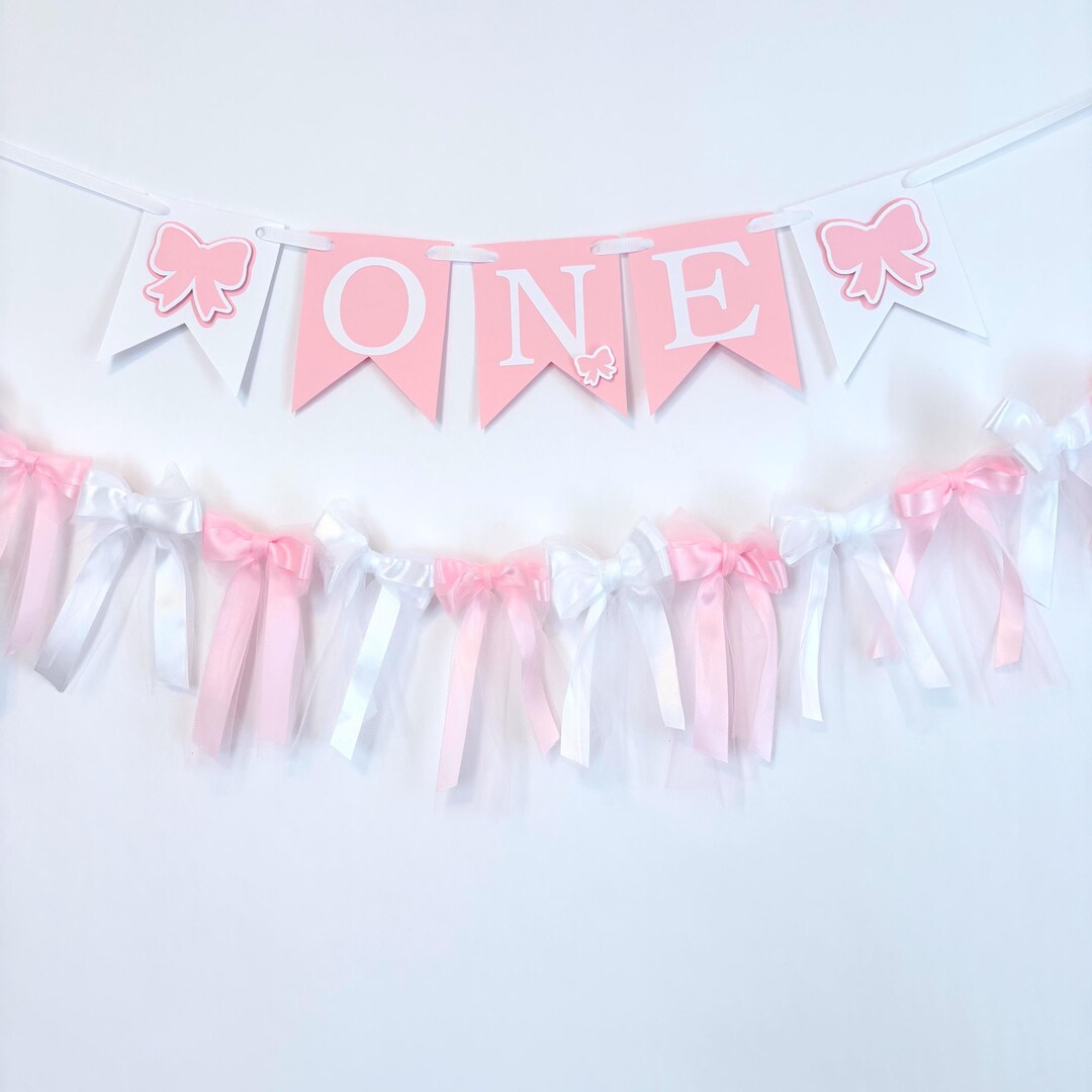 Bow 1st Birthday Decorations , Bow High Chair Banner, Pink and White ...