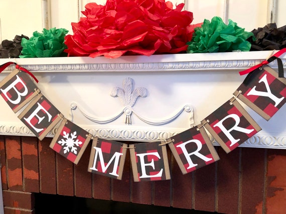 Buffalo Check Christmas Decorations Be Merry Fireplace Banner