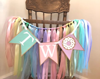 Two Sweet Birthday Decorations - High Chair Tutu - TWO High Chair Skirt - Donut Second Birthday Backdrop - Sweets Cake Smash Prop