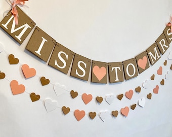 BRIDAL Shower Decorations / Miss To Mrs Banner / Bridal Shower Garland / Peach Fizz Heart Banner / Photo Backdrop Decorations