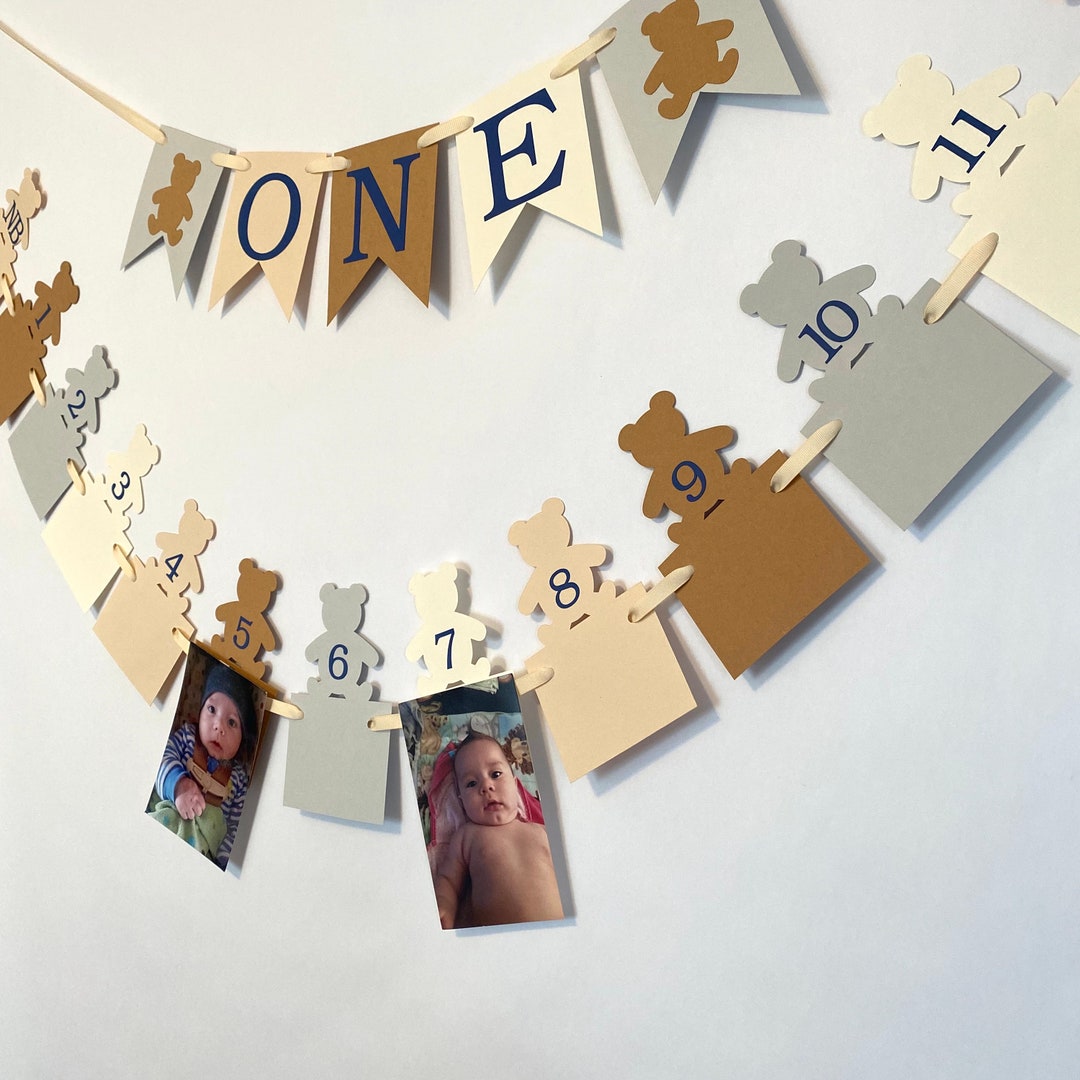 Neutral Beary 1st Birthday Navy - ONE High Chair Banner- Teddy Bear 12 ...