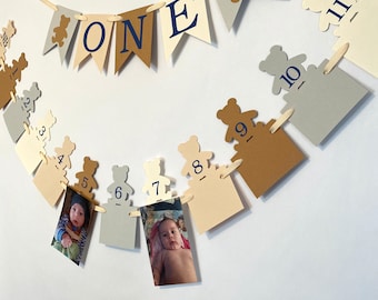 Teddy Bear 1st Birthday Banner: Navy Blue ONE, 12 Month Photo Display
