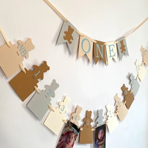 Neutral Beary 1st Birthday Banner- ONE High Chair Banner- Teddy Bear 12 Month Photo Banner- Baby Bear 1st Birthday Decor 1st Year Photos Boy