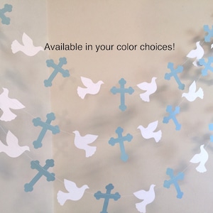 Blue Christening Cross and DOVE Garland - Baptism decor - First Communion Garland - RELIGIOUS Baby Dedication Decor - Your Color choice