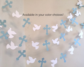 Blue Cross and Dove Garland: Christening Baptism Decor