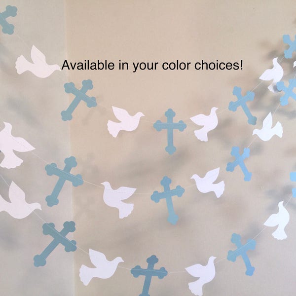 Blue Christening Cross and DOVE Garland - Baptism decor - First Communion Garland - RELIGIOUS Baby Dedication Decor - Your Color choice