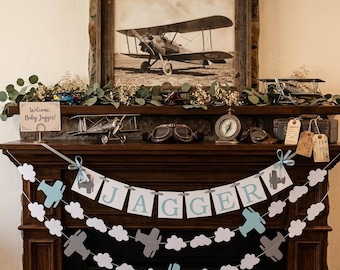 Vintage Airplane Birthday Decor: Custom Name Banner