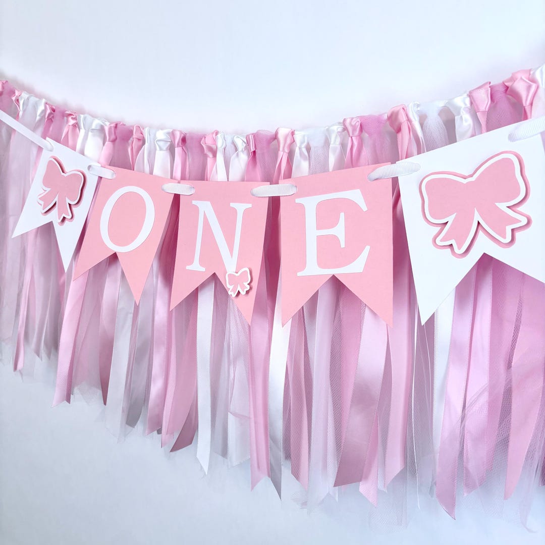 Bow 1st Birthday Decorations , Bow High Chair Skirt Banner, Pink and ...