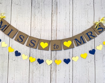 Navy and Yellow Bridal Shower Decor/ MISS to MRS Bridal Shower Banner / Navy Bachelorette Decor / Wedding Banners / Heart Garland